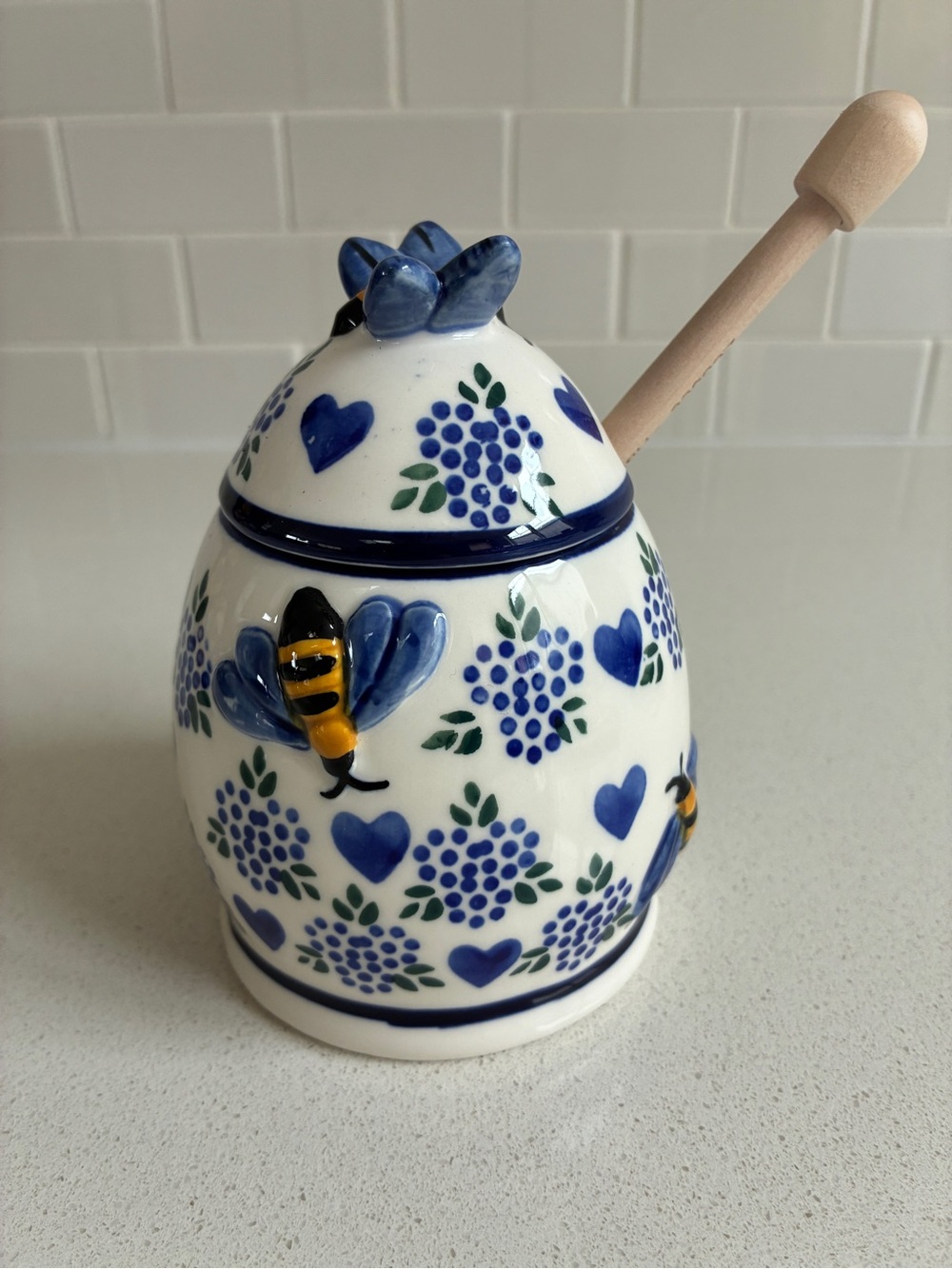 New Zoobee Blue Floral Honey Pot with Bees